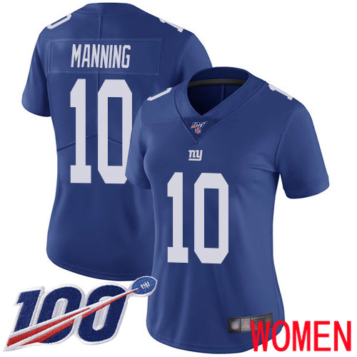 Women New York Giants #10 Eli Manning Royal Blue Team Color Vapor Untouchable Limited Player 100th Season Football NFL Jersey